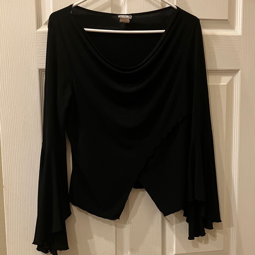 rave Black Draped Cowl Neck Asymmetric Bell-Sleeve Top
